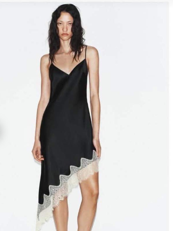 Nwt. Zara Black/Ecru Satin Effect Contrast Lace Midi Dress. Size S.